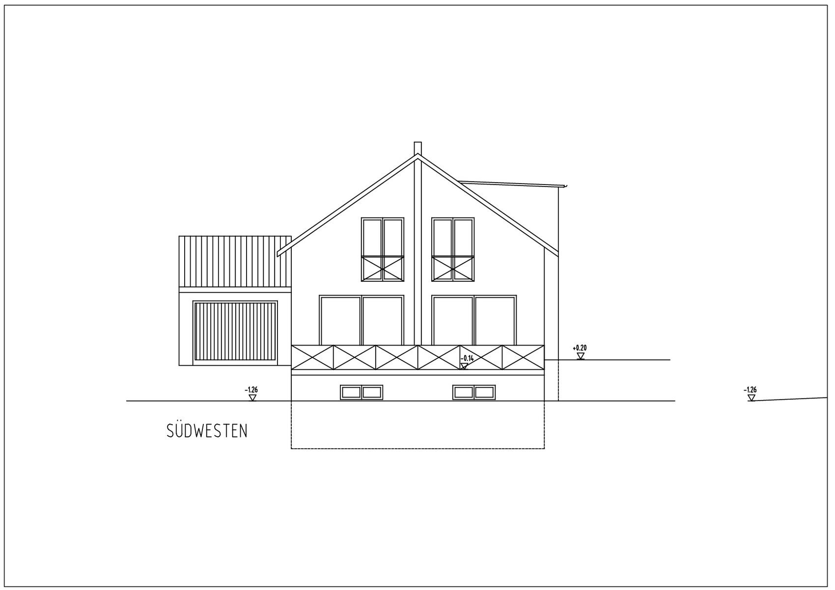Südwesten-Ansicht eines zweigeschossigen Hauses mit Garage und Balkonbrüstung.