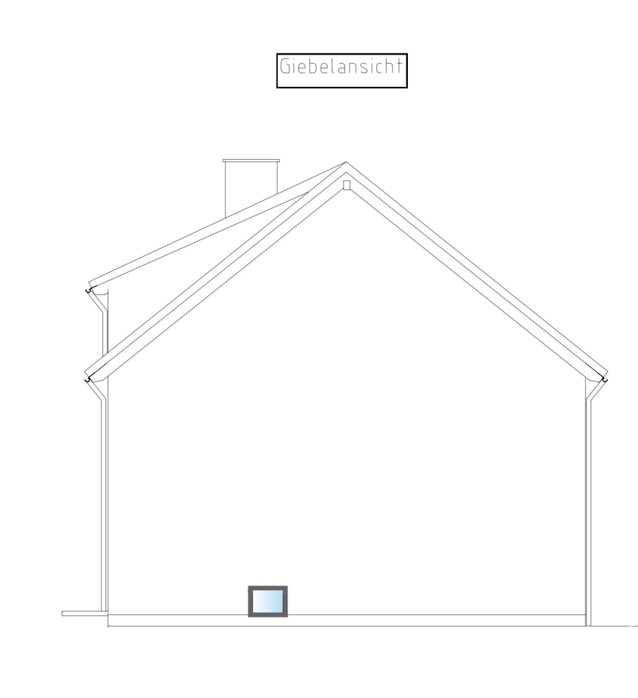 Technische Skizze eines Hauses mit Giebeldach, kleines Fenster unten, Logo 'Giebelansicht' darüber