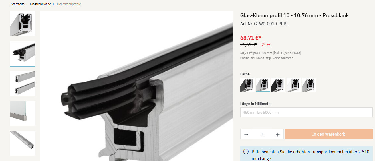 Glas-Klemmprofil aus Aluminium mit schwarzer Dichtung, Querschnitt 10-10,76 mm.
