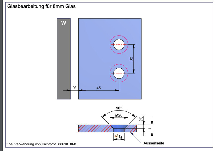 Technische Zeichnung einer 8 mm Glasplatte mit zwei Bohrungen und Maßangaben.