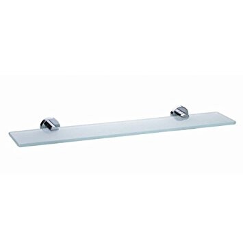 Schmales Glasregal mit zwei Edelstahlhaltern an der Wand vor weißem Hintergrund.