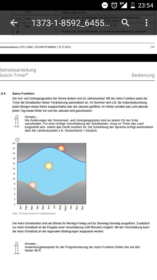 Astro-Funktion: Diagramm der Sonnenauf- und Untergangszeiten im Jahresverlauf.