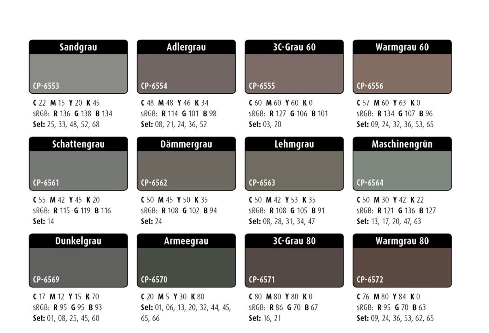 Farbfächer mit 12 Grautönen, Namen, CP-Codes und CMYK/RGB-Werten.