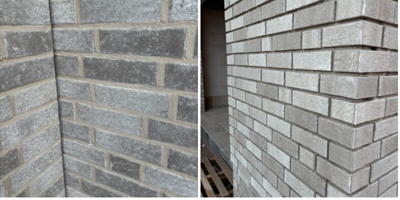 Zwei Bilder grauer Backsteinwände; link Ecke, rechts Pfeilerwand mit Türöffnung.