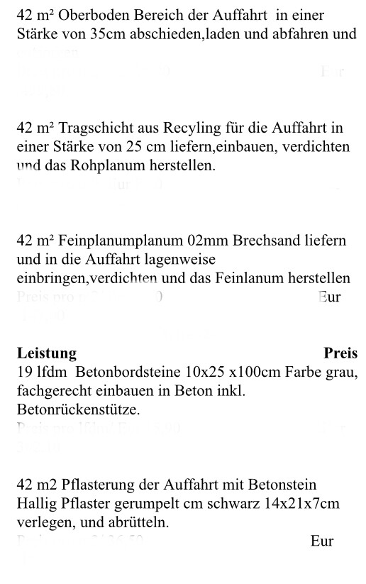 Textseite mit Baubeschreibung zur Auffahrtspflasterung aus Betonstein und Schichtelementen.
