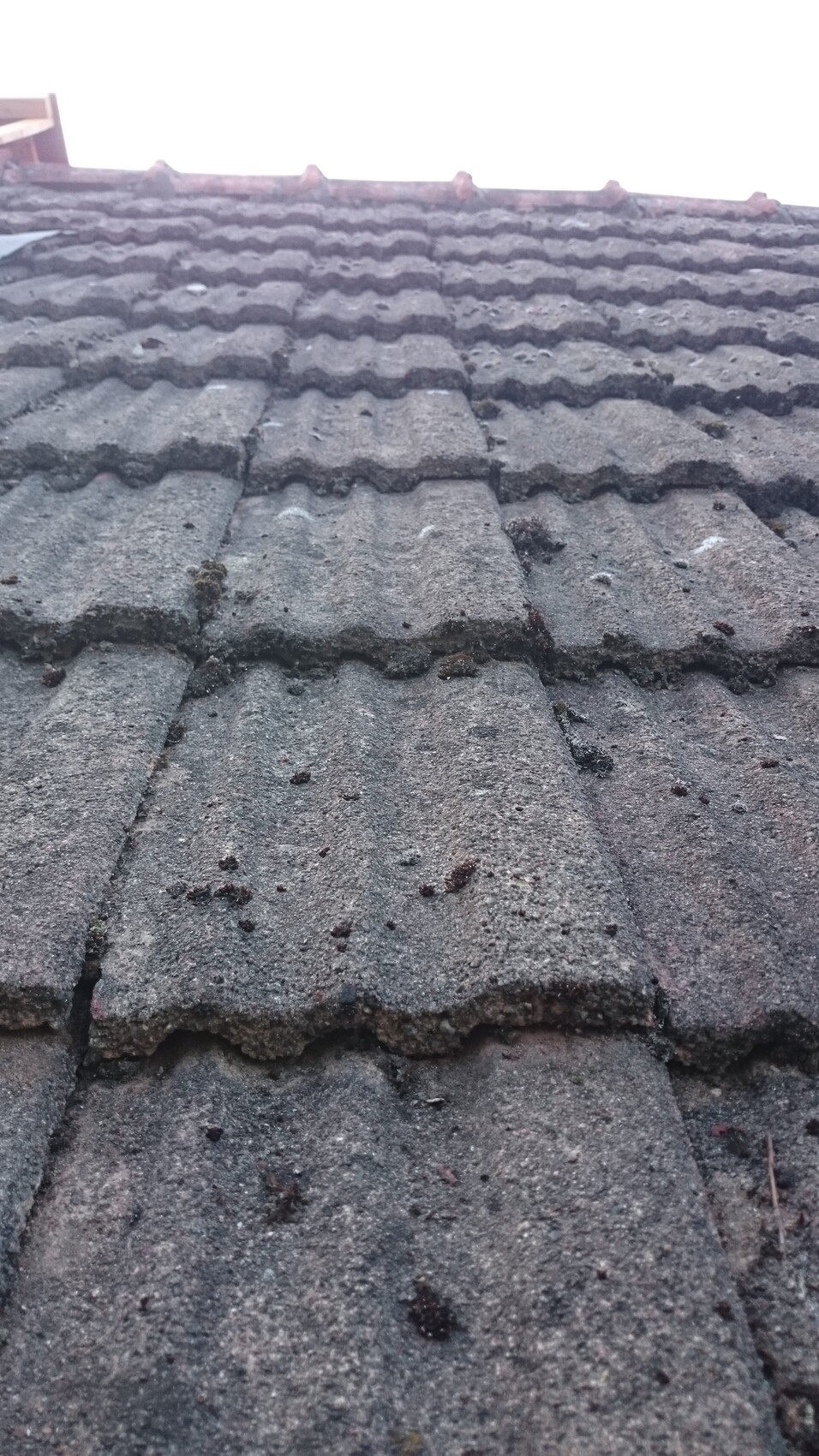 Nahaufnahme grauer Dachziegel mit Verschmutzungen und Ritzen, Blick nach oben