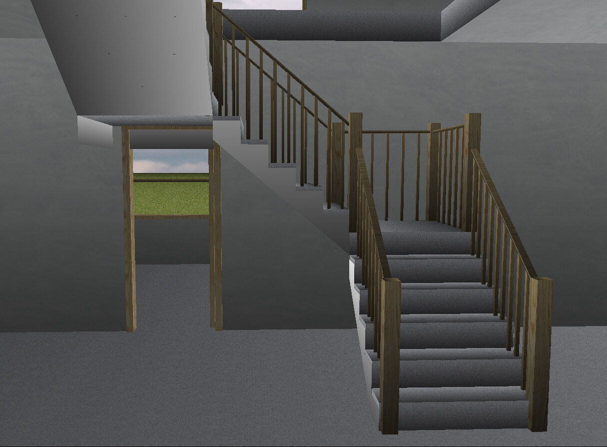 Mehrstufige Holztreppen mit Geländern in grauem Innenraum; Öffnung zum grünen Außenbereich.