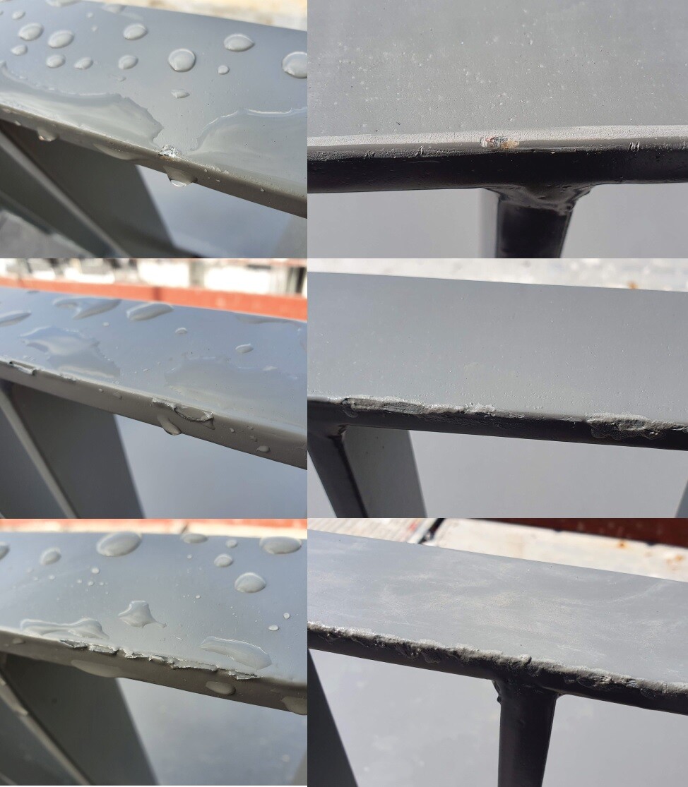 Mehrteilige Nahaufnahme einer grauen Metallbrüstung mit Wassertröpfchen, Abplatzungen und Rost.