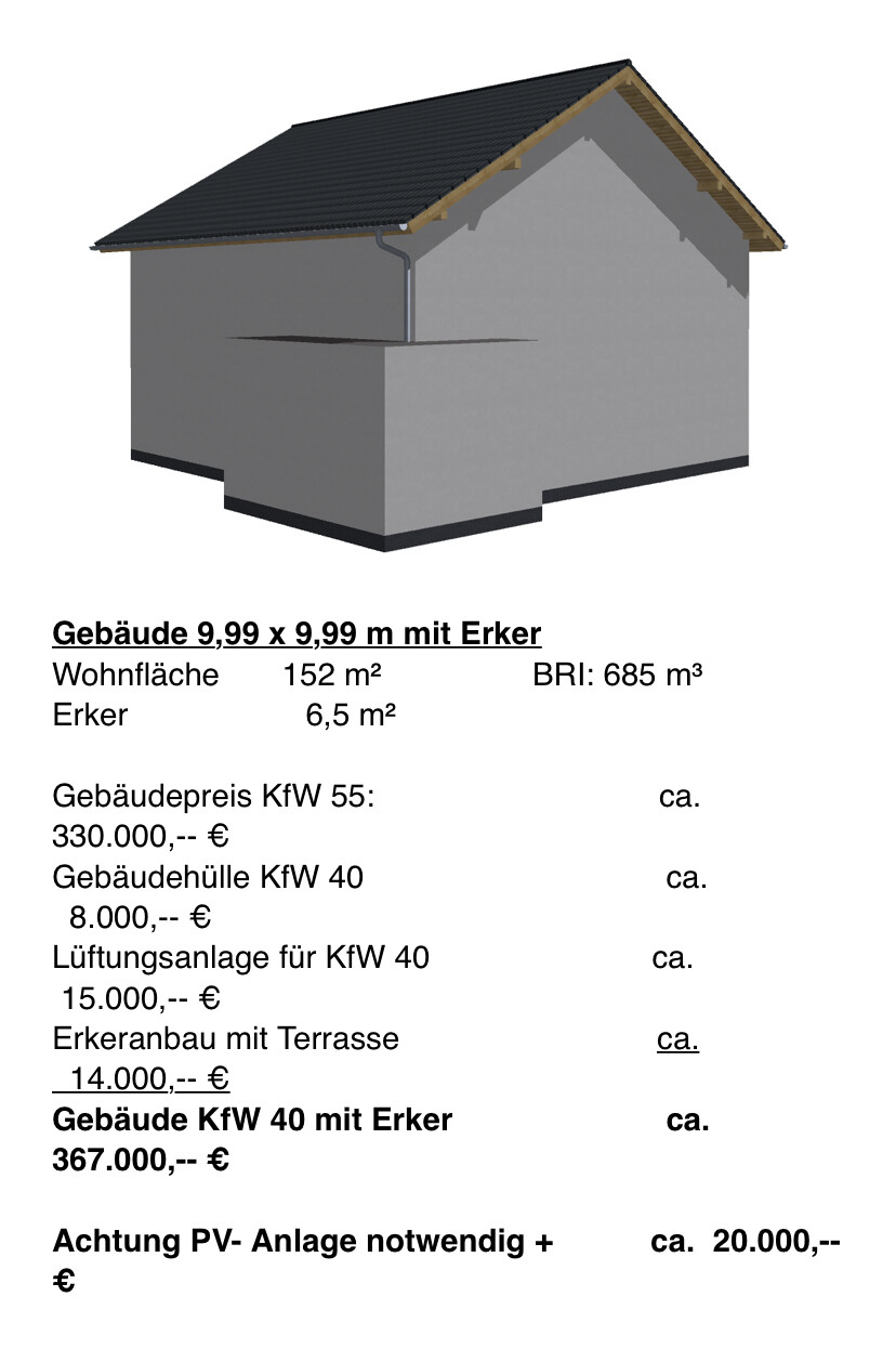 3D-Haus mit grauer Fassade, dunklem Satteldach und Erker; darunter Kostenliste.