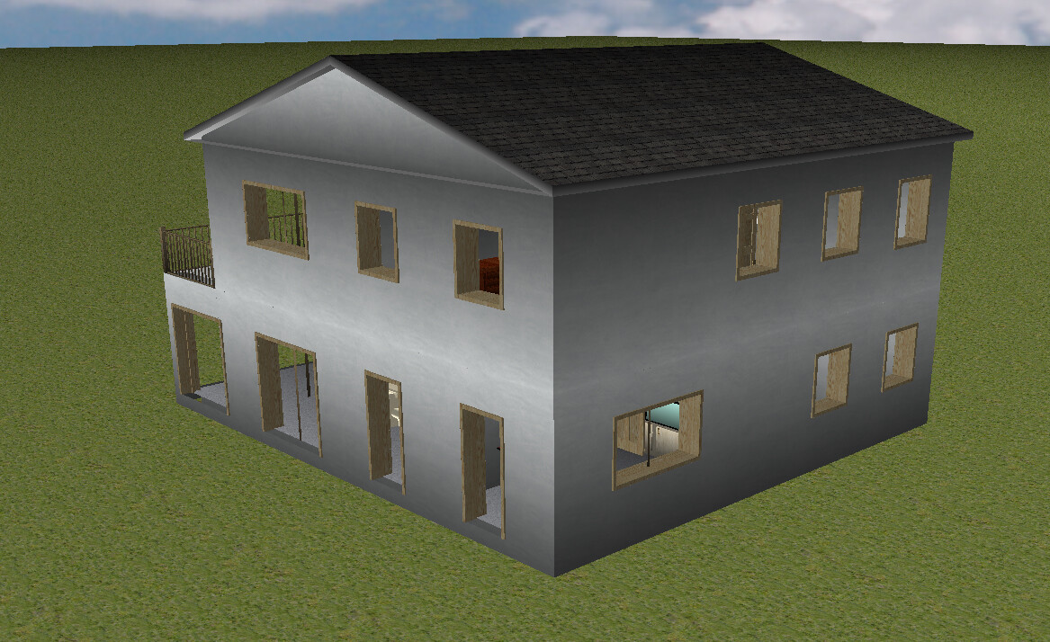 Zweistöckiges graues Haus mit vielen Fenstern auf Gras; Innenräume sichtbar.