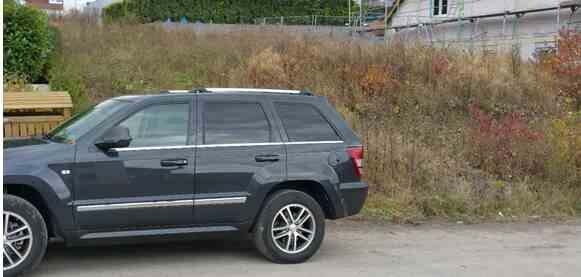 Graues SUV geparkt vor verunkrauteter Wiese in Baugebiet