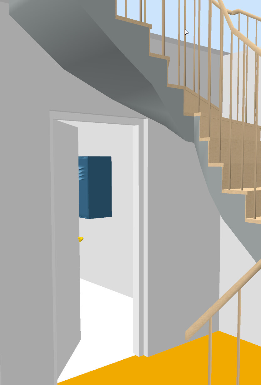 Treppenhaus-Szene: weisse Tür, dahinter blauer Schrank; Treppe mit Geländer; oranger Boden