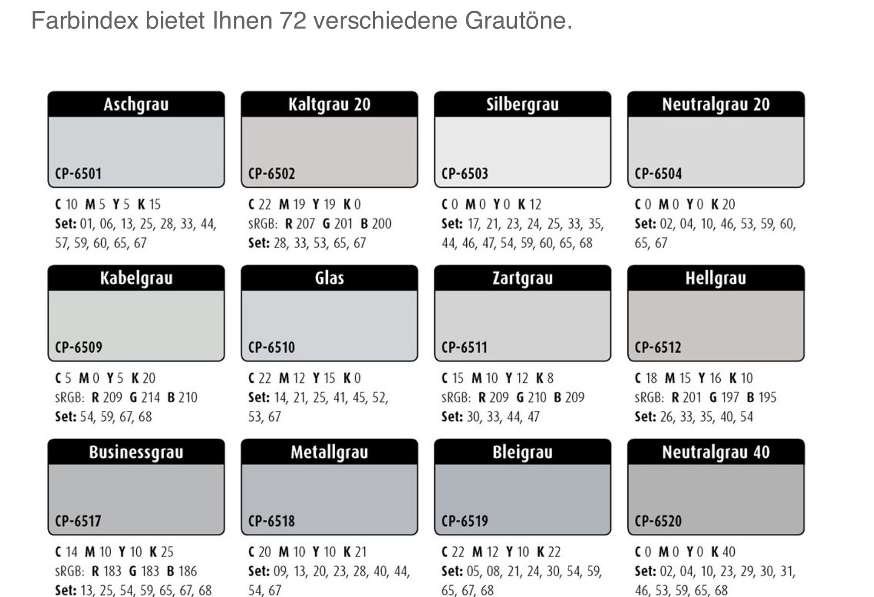 Übersicht von 12 Grautönen aus der Farbindex-Karte: CP-6501 bis CP-6520, insgesamt 72 Töne.