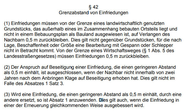 Gesetzestext zum Grenzabstand von Einfriedungen §42