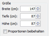 Screenshot eines Dialogfensters zur Bildgroesse mit Breite 147 cm, Tiefe 87 cm Hoehe 87 cm