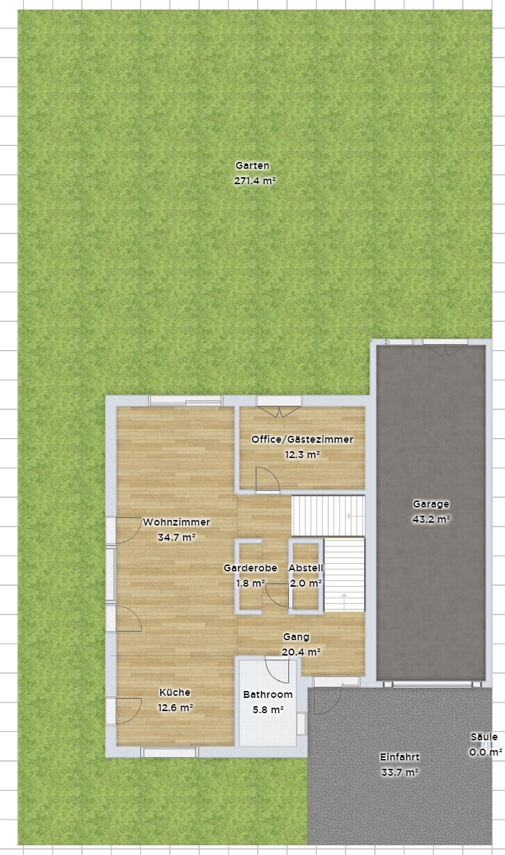 Grundriss eines Hauses mit großem Garten; Wohnzimmer, Küche, Bad, Büro, Flur, Garage.