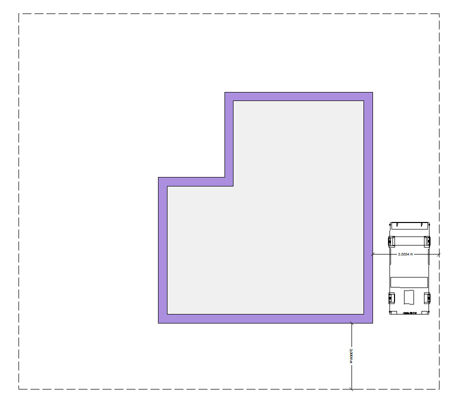 L-förmiger Gebäude-Grundriss mit grauer Innenfläche und violettem Rand; rechts Fahrzeug