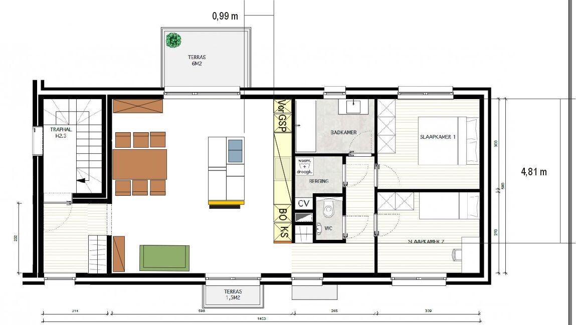Grundriss einer Wohnung: offener Wohnbereich mit Kücheninsel, Terrasse, Bad, WC und 2 Schlafzimmer.