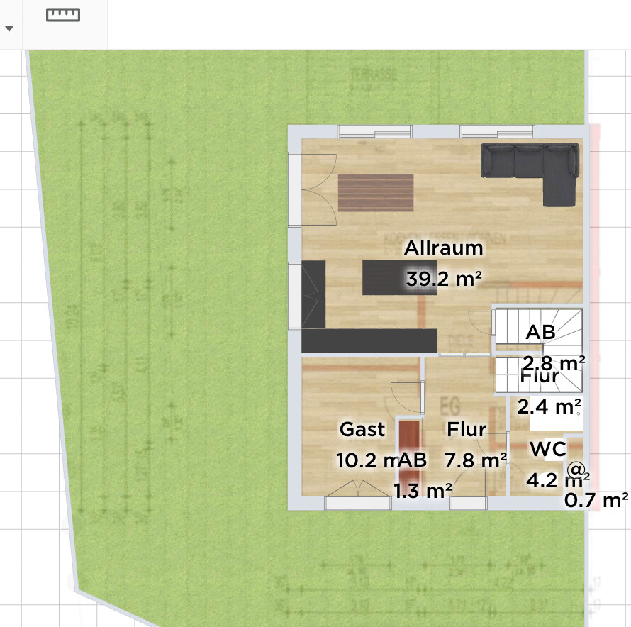 Grundriss eines Hauses: Allraum 39,2 m² mit Sitzecke, Gastbereich 10,2 m², Flur 7,8 m².