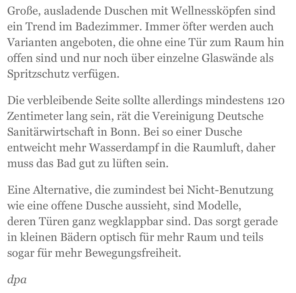 Blocktext in deutscher Sprache über Badezimmertrends: Duschen, Glaswände und Badgestaltung.