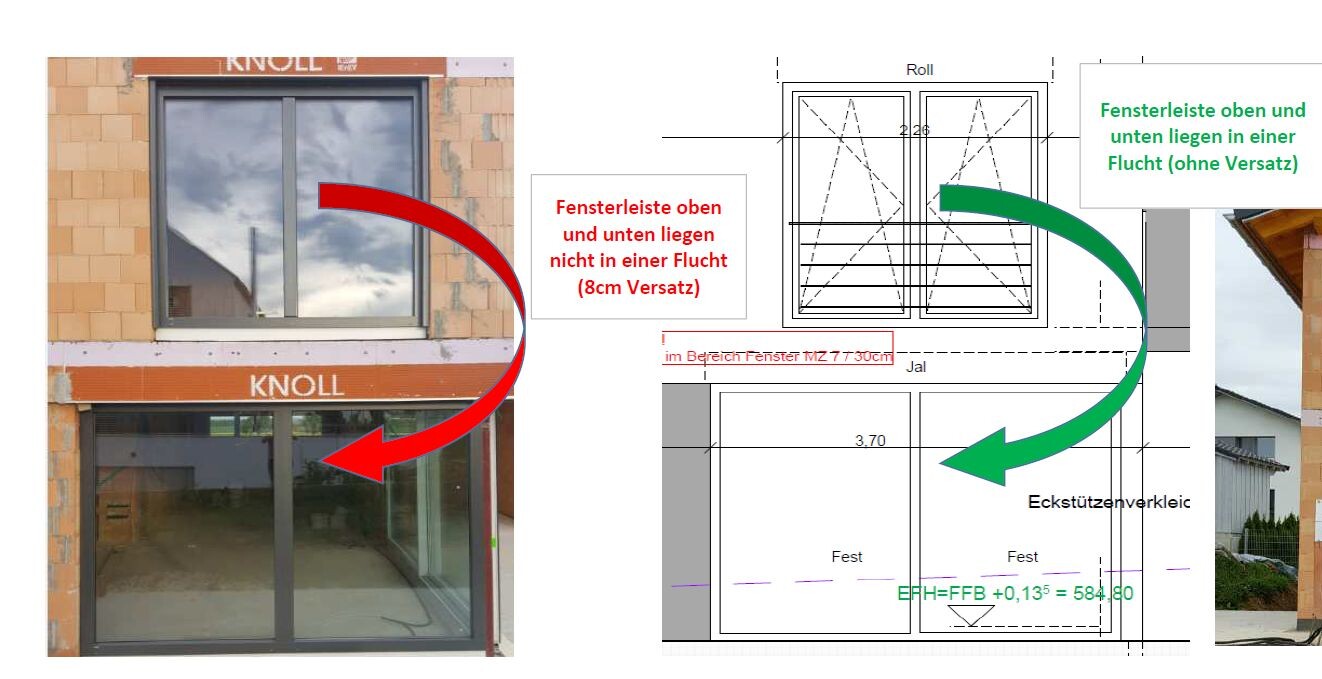 Große Glasschiebetür vor roter Klinkerfassade; daneben Grundrisszeichnung mit Fenstern und Maßen.