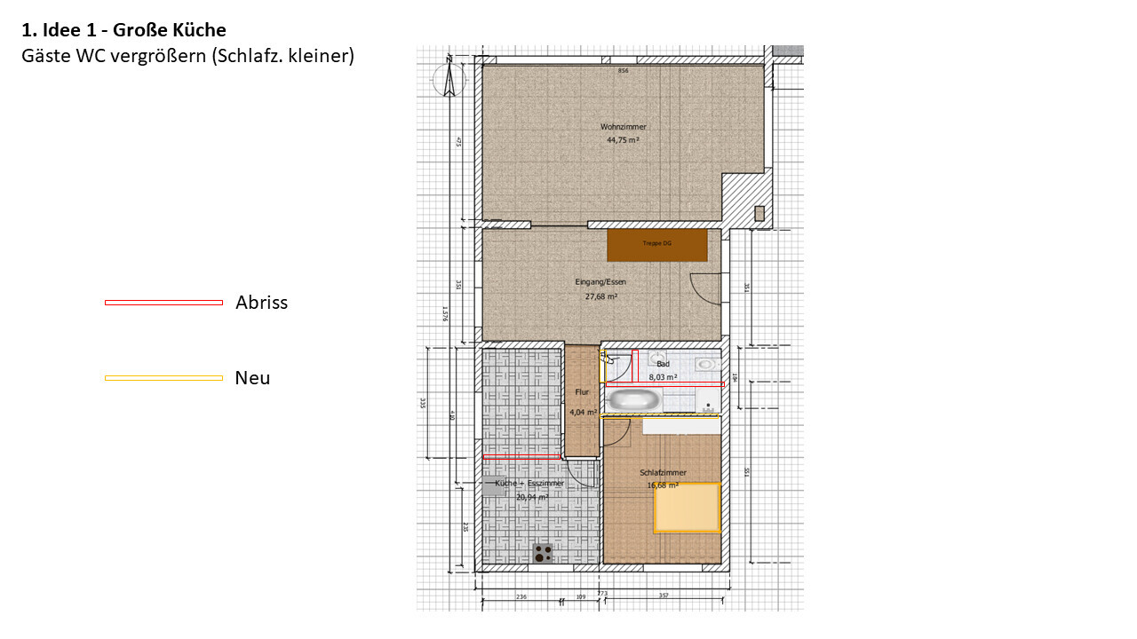 Grundriss eines Hauses: Wohnzimmer, Küche, Bad, Schlafzimmer; rote Abriss- und gelbe Neu-Zeichnungen.