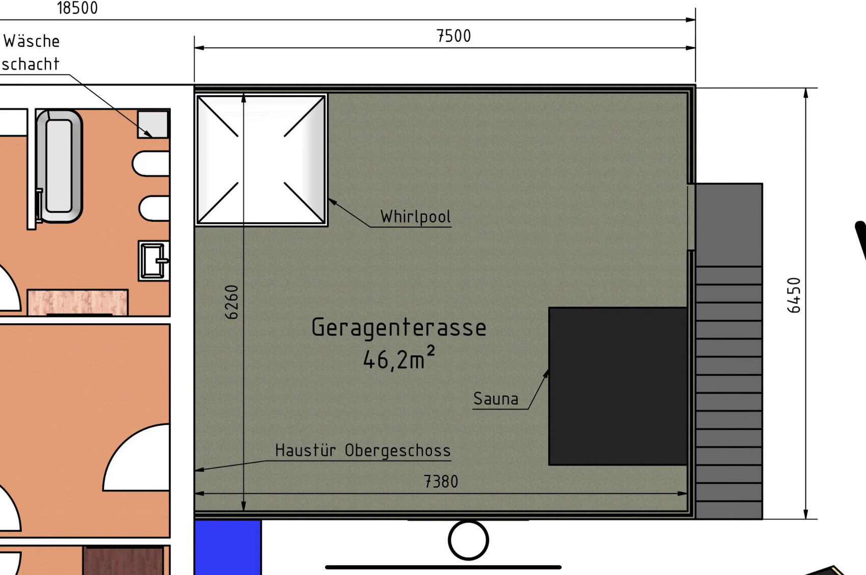 Grundriss einer Terrasse (46,2 m²) mit Whirlpool, Sauna und Haustür im Obergeschoss.
