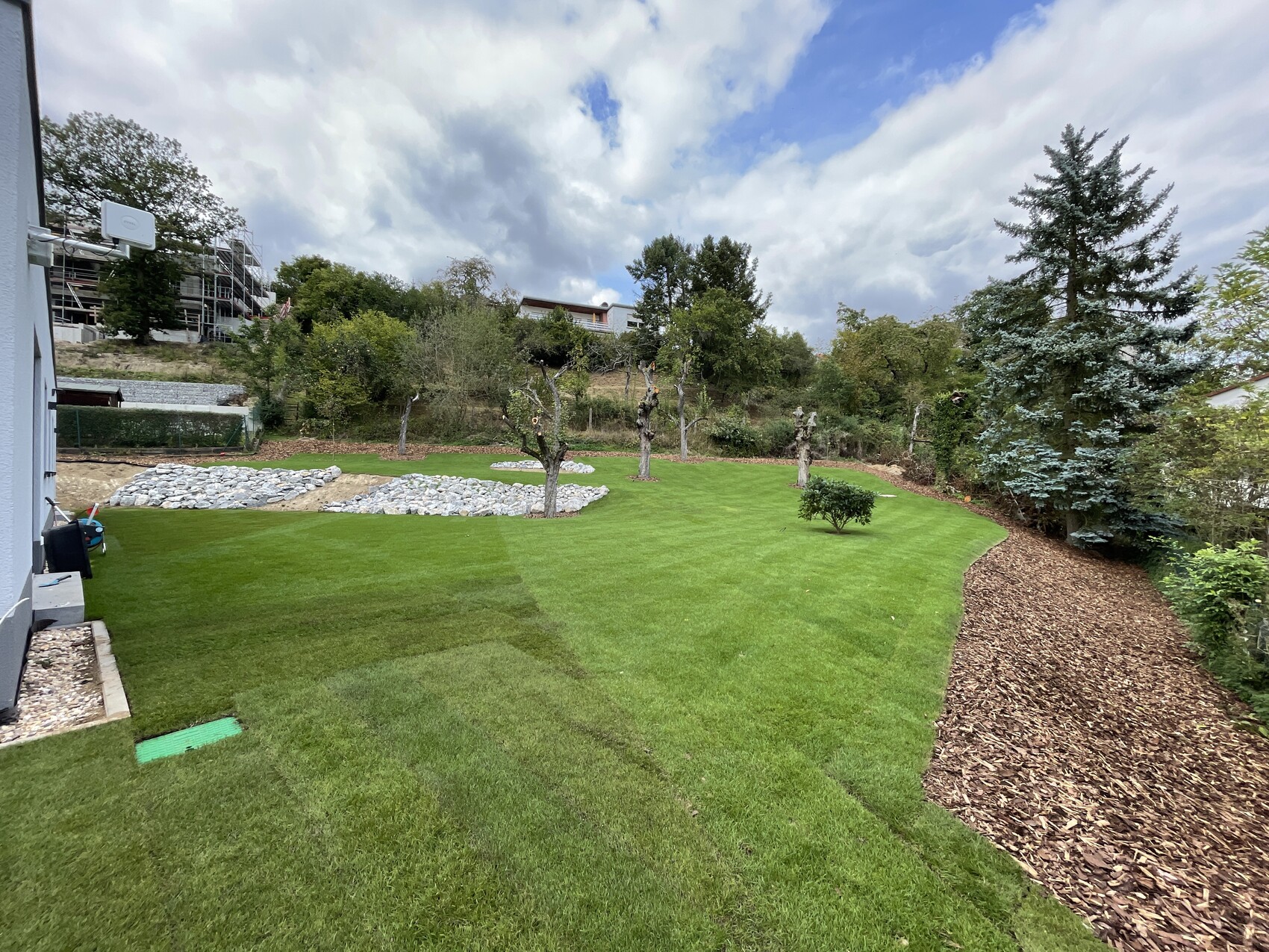 Garten mit grünem Rasen, Bäumen, Kiesflächen links und Mulchweg rechts.