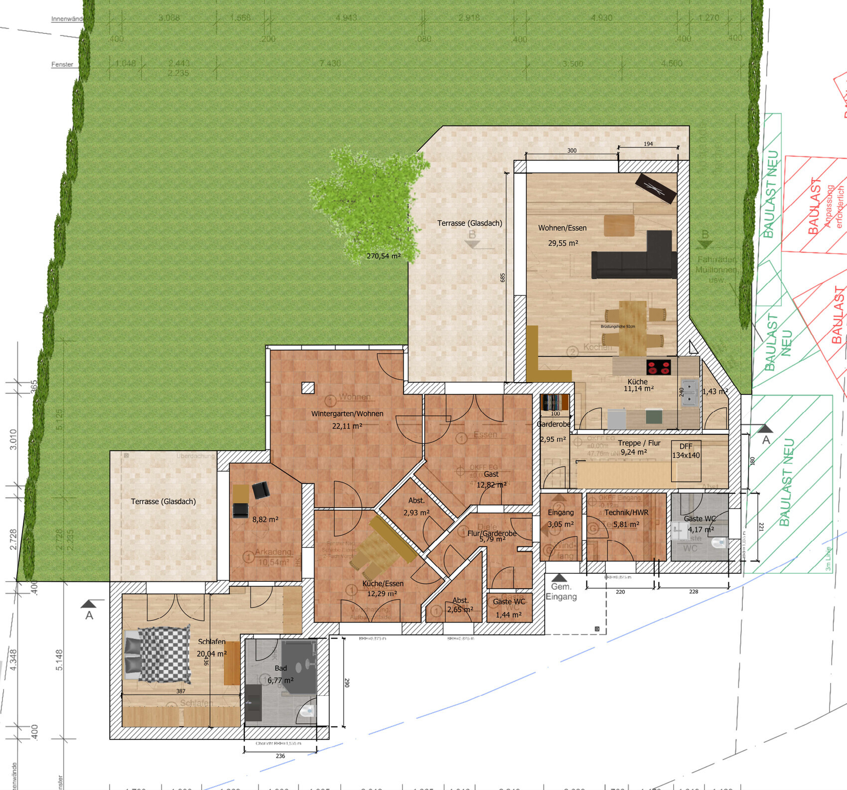 Grundriss eines Einfamilienhauses mit Terrasse, Garten, Wohnzimmer, Küche und Schlafzimmer.
