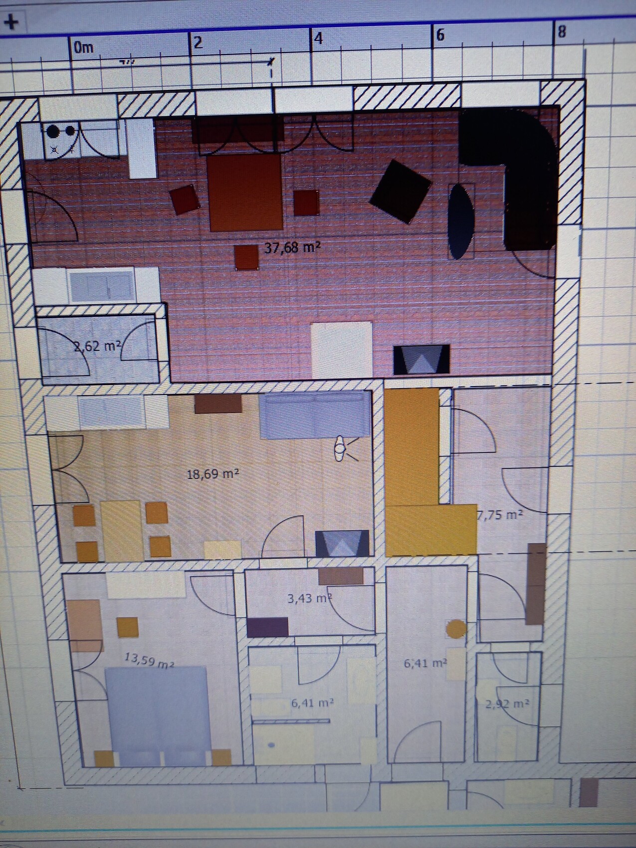 Grundriss einer Wohnung mit mehreren Zimmern und Flächenangaben.