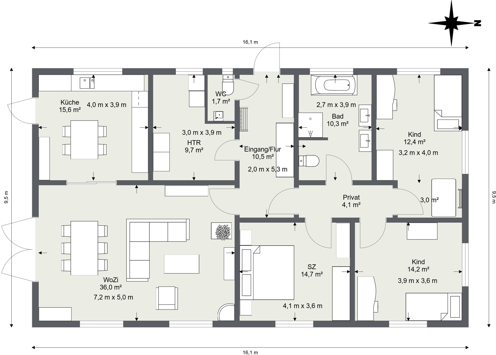 Grundriss eines Hauses mit Küche, Wohnbereich, Flur, drei Schlafzimmern, Bad, WC.