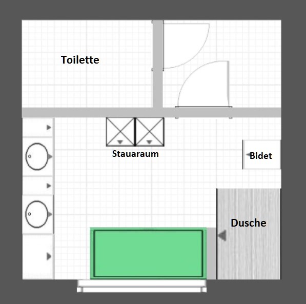 Grundriss eines Badezimmers: Toilette, Bidet, Dusche, Badewanne, zwei Waschtische und Stauraum.