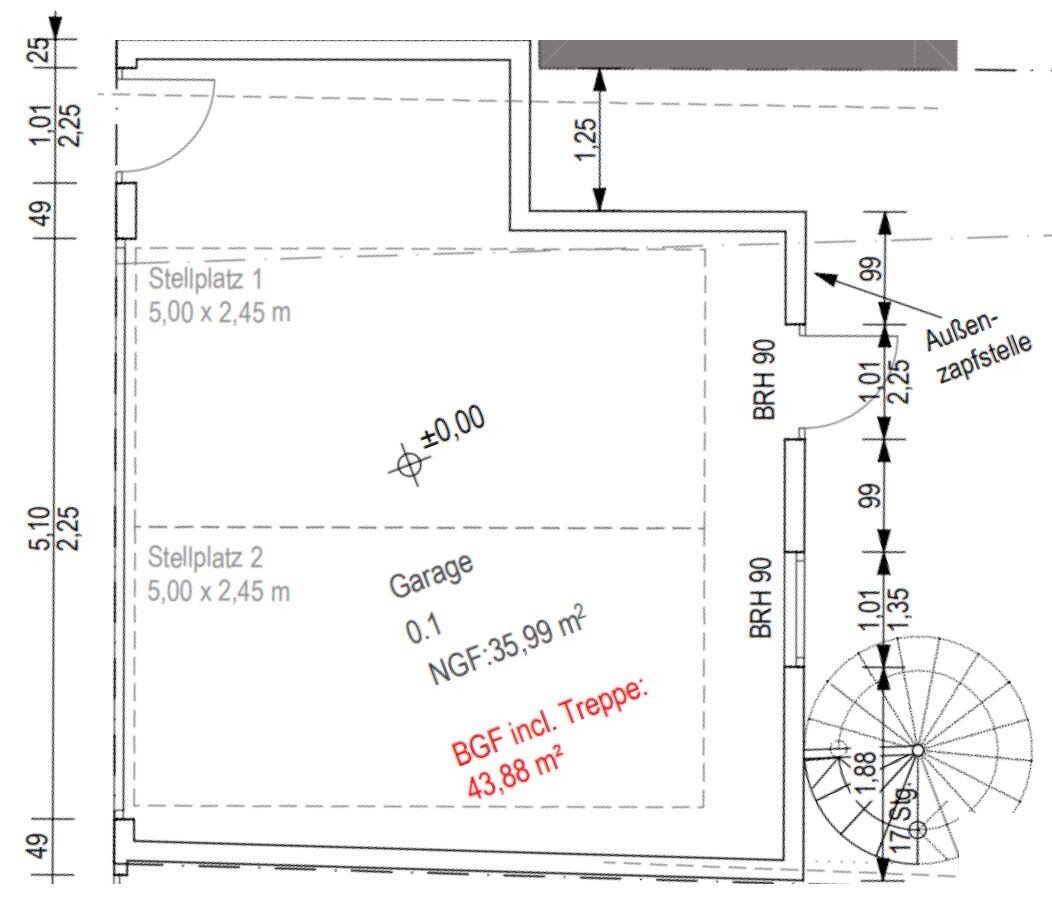 Grundriss einer Garage mit zwei Stellplätzen, Flächenangaben inkl. Treppe (BGF 43,88 m²).
