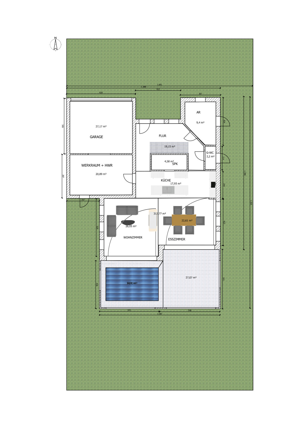 Grundriss eines Hauses mit Garage, Küche, Wohn-/Esszimmer, Garten und Pool.