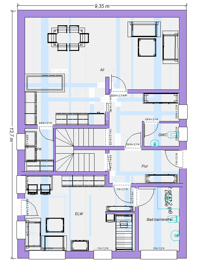Grundriss eines Gebäudes mit mehreren Räumen, Treppen, Flur, ELW und barrierefreiem Bad.