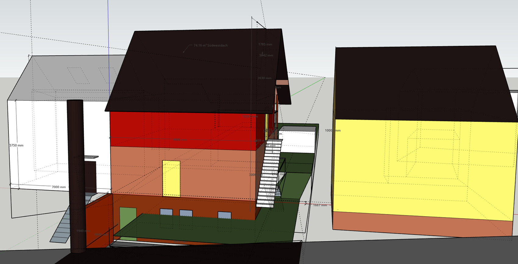 3D-Architekturmodell eines roten Hauses mit dunklem Dach und Außentreppe neben einem gelben Haus.