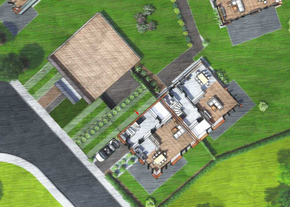 Luftbild eines modernen Einfamilienhauses mit Garten, Zufahrt, Auto und rotem Pfeil.