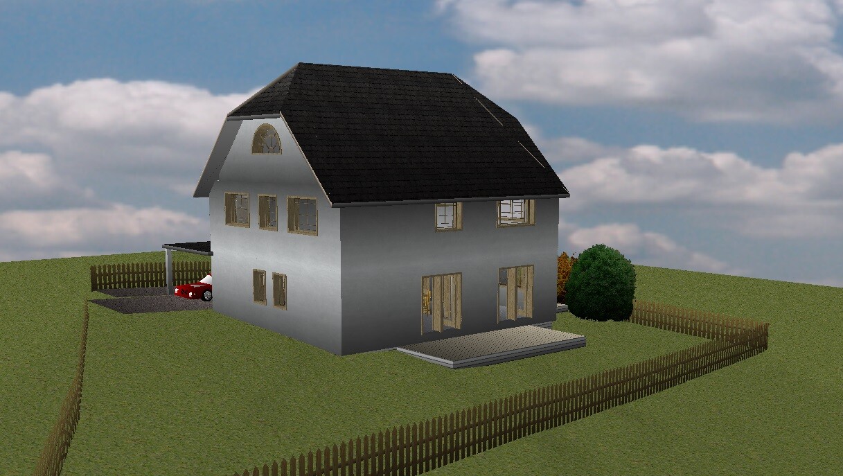 Graues zweistöckiges Haus mit dunklem Dach, Garten, Zaun und rotem Auto in der Einfahrt.