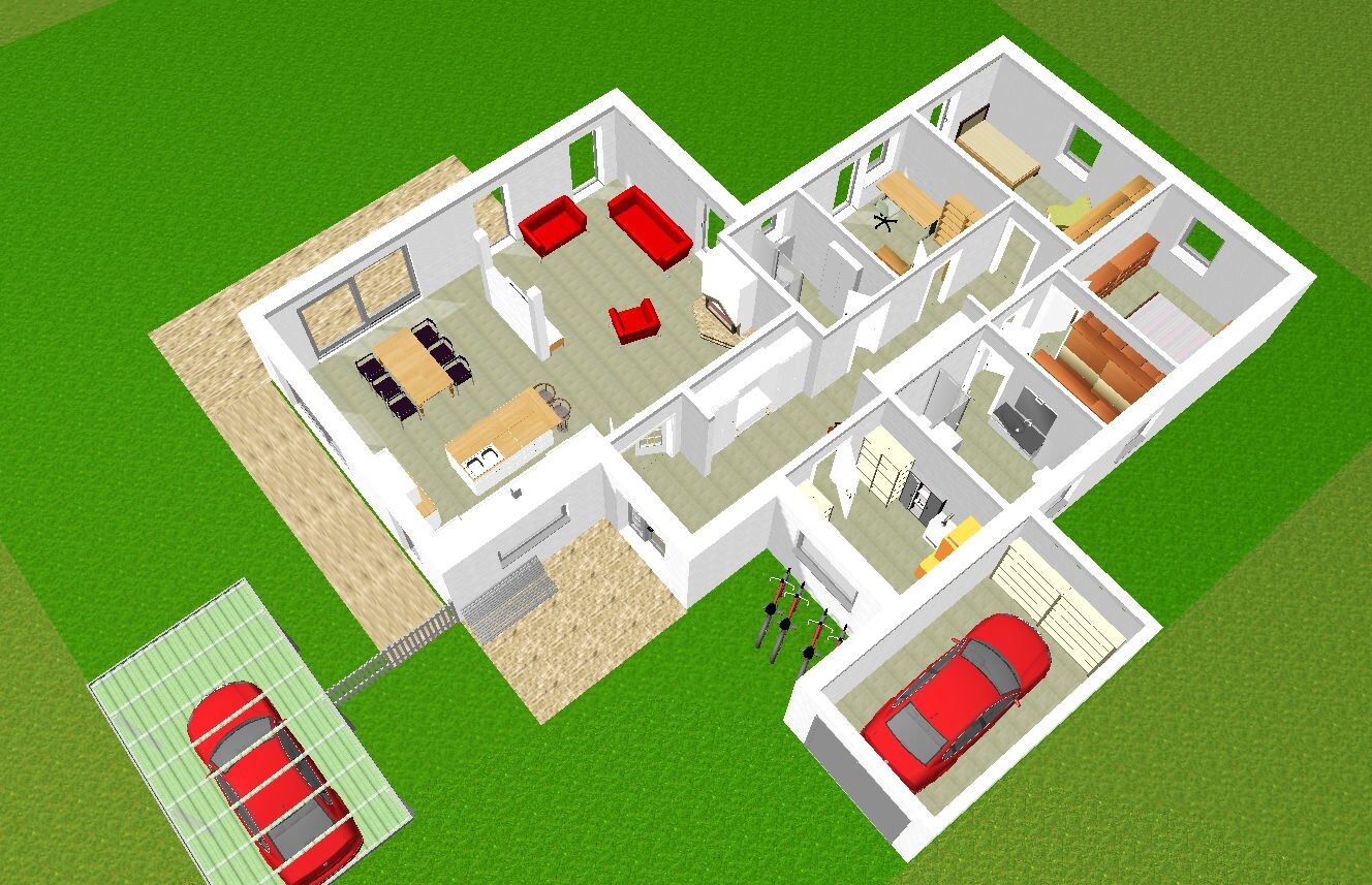 3D-Hausgrundriss: Grundriss mit Wohnzimmer, Küche, Flur, Schlafzimmer, Bad, Garage und Garten.