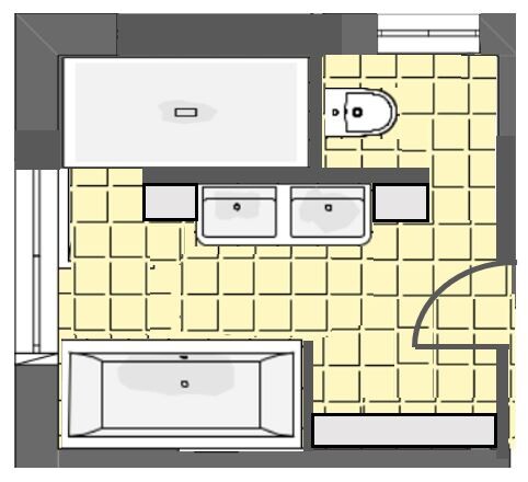 Badezimmer-Grundriss mit Doppelwaschbecken, Badewanne, Toilette und Tür
