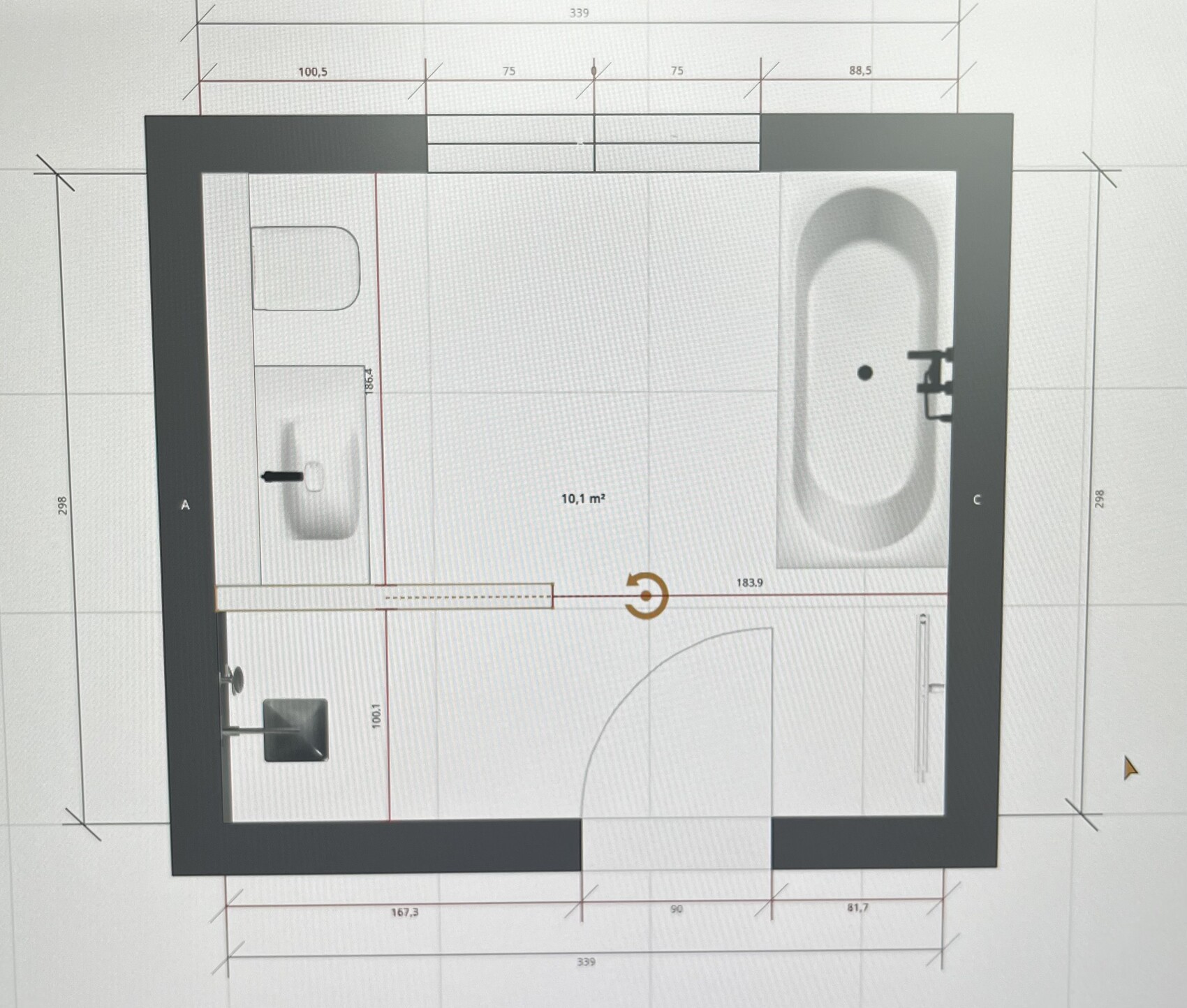 Grundriss eines Badezimmers: Badewanne rechts, Waschbecken links, Tür unten.