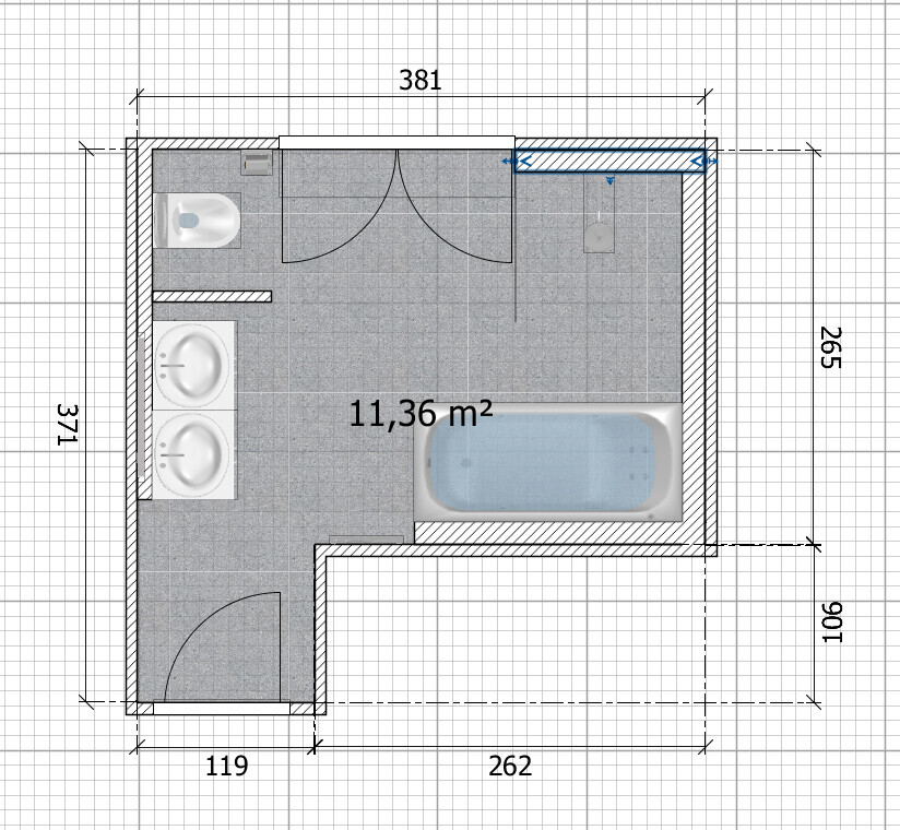 Grundriss eines Badezimmers: Badewanne rechts, Doppelwaschbecken links, Toilette oben.