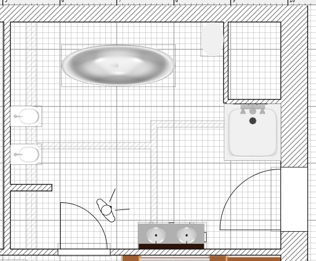 Grundriss eines Badezimmers: Badewanne, Dusche, Doppelwaschbecken, Toiletten und Türen.