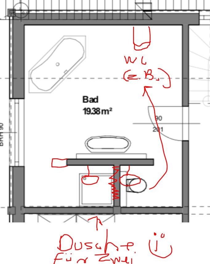 Grundriss eines Badezimmers mit Badewanne links, Waschbecken und Toilette sowie Tür; Größe 19,38 m²