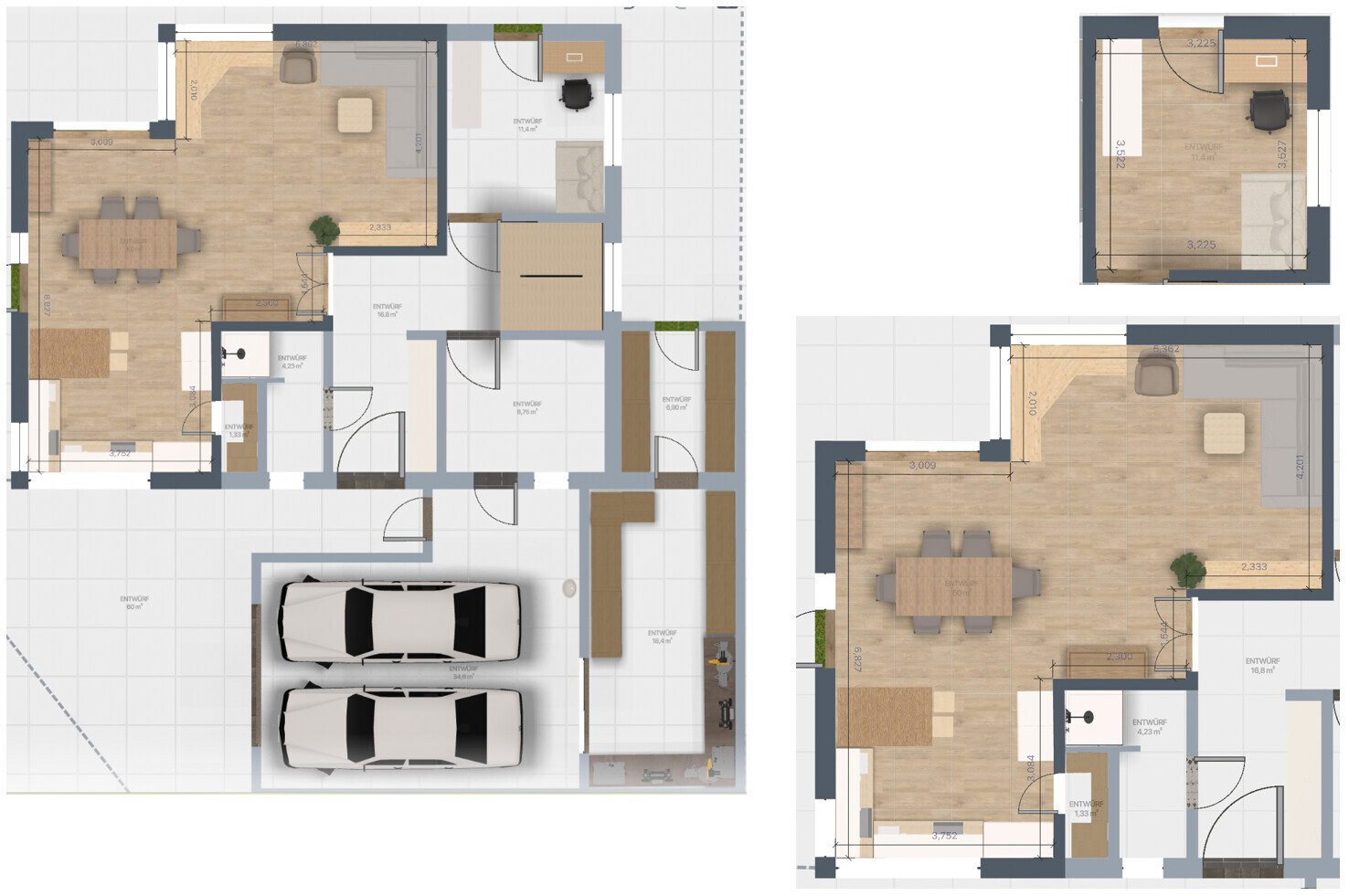 Mehrere Grundrisse eines Hauses mit Doppelgarage, Wohn-/Essbereich, Küche und weiteren Räumen.