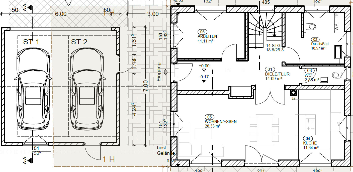 Grundriss eines Hauses: Doppelgarage links, Eingangsbereich, Diele, Wohnen/Essen, Küche, Bad, WC.
