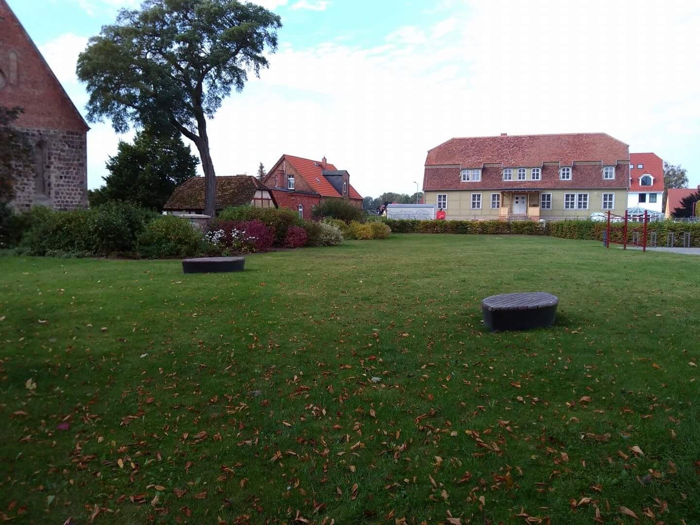 Grünes Grasfeld im Park mit Baum und Häusern im Hintergrund
