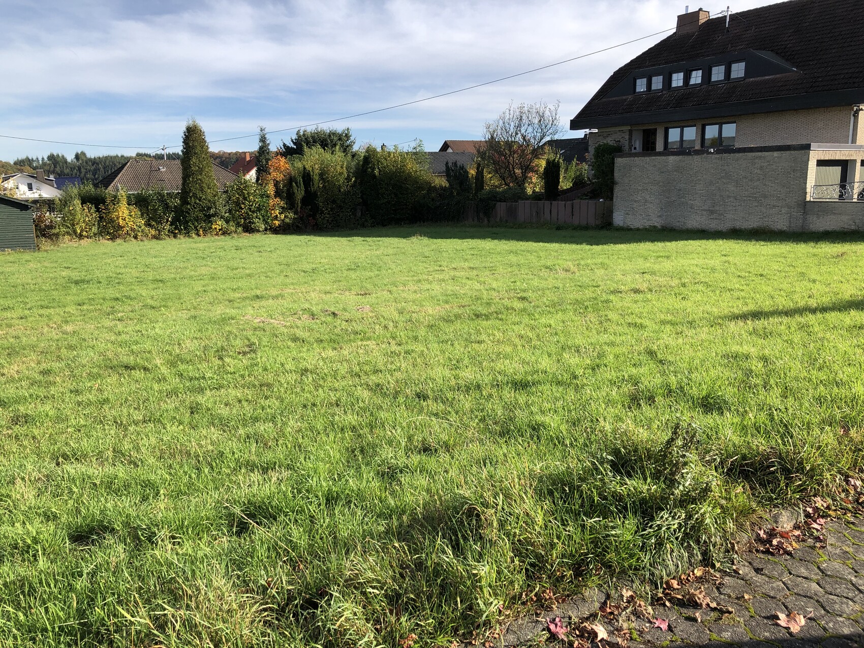 Große grüne Wiese vor Wohnhäusern, rechts modernes Haus mit Steinmauer, klarer Himmel.