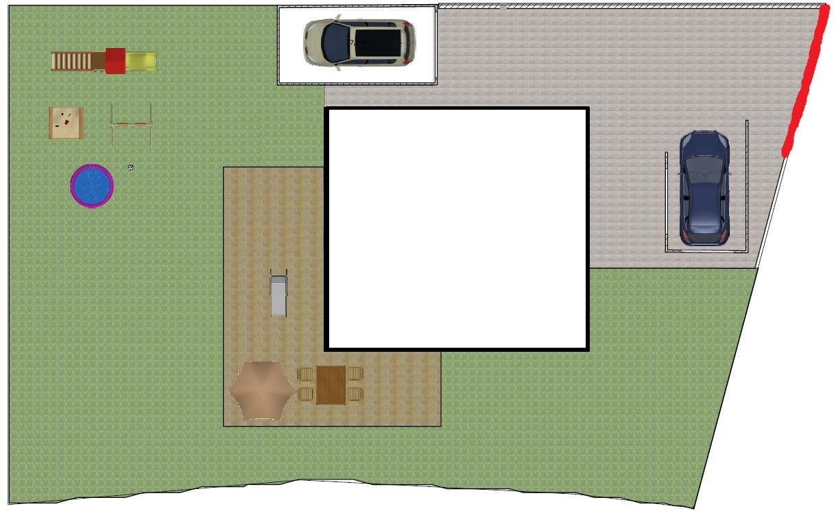 Grundstücksplan: Haus in der Mitte, Zufahrt rechts mit blauem Auto, Spielplatz, Terrasse, Pool.