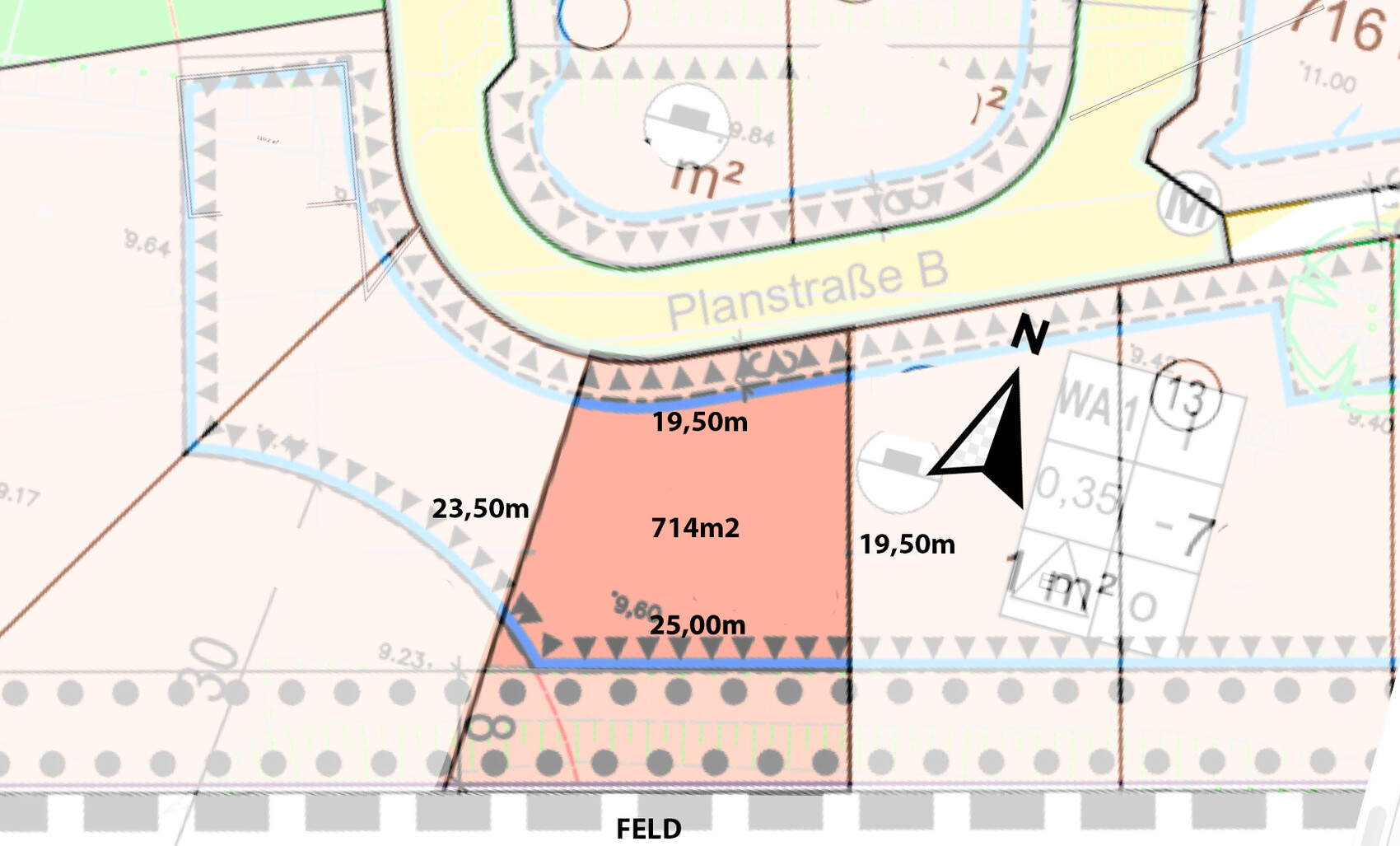 Grundstückskarte: rot markierte Parzelle 714 m2 mit Maßen 23,5, 19,5, 25,0 m, Nordpfeil.